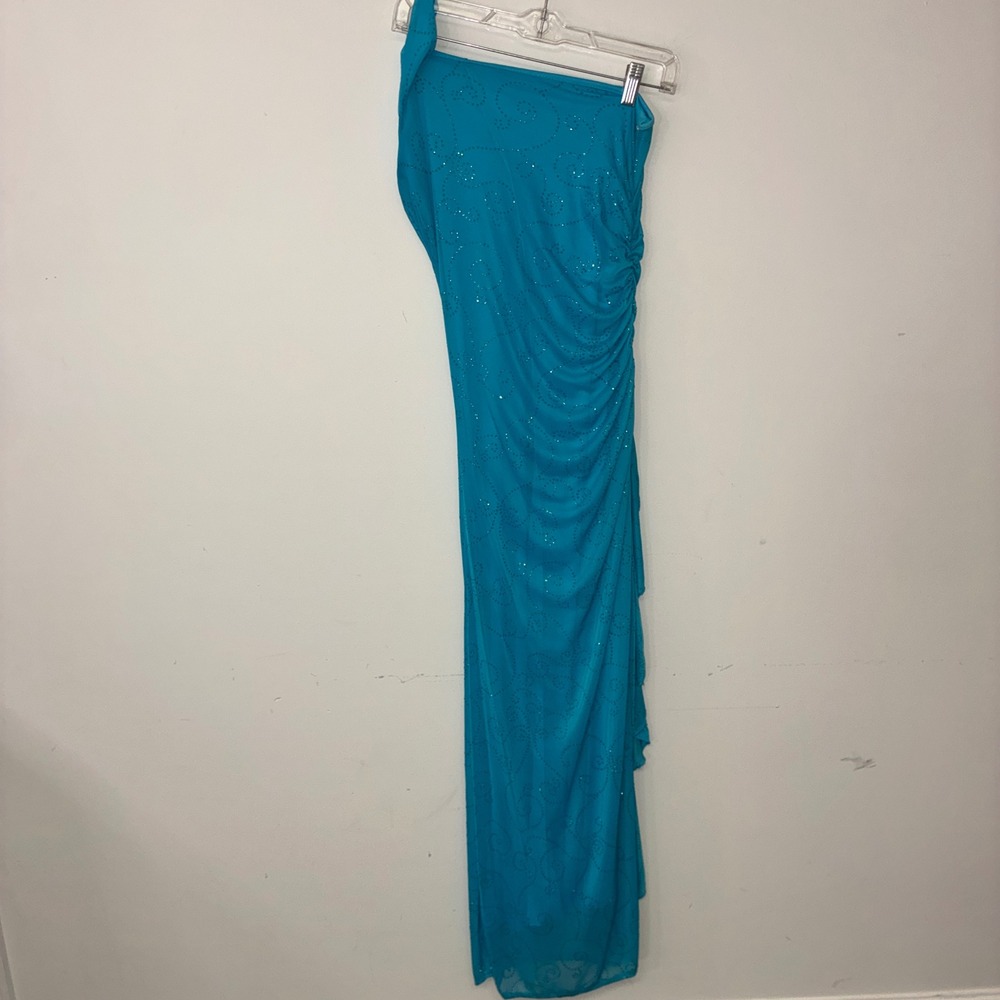 408 City Triangles One Shoulder Maxi Dress M Blue Ruched Glitter Ruffle Gown Y2K